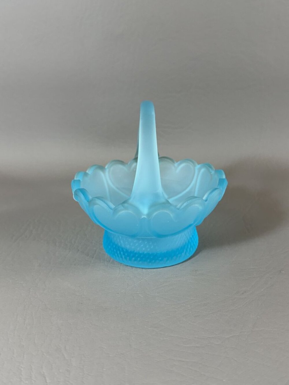 Vintage Frosted Blue Satin Glass Mini Basket Embossed Hearts Candy Dish Trinket - Picture 8 of 12
